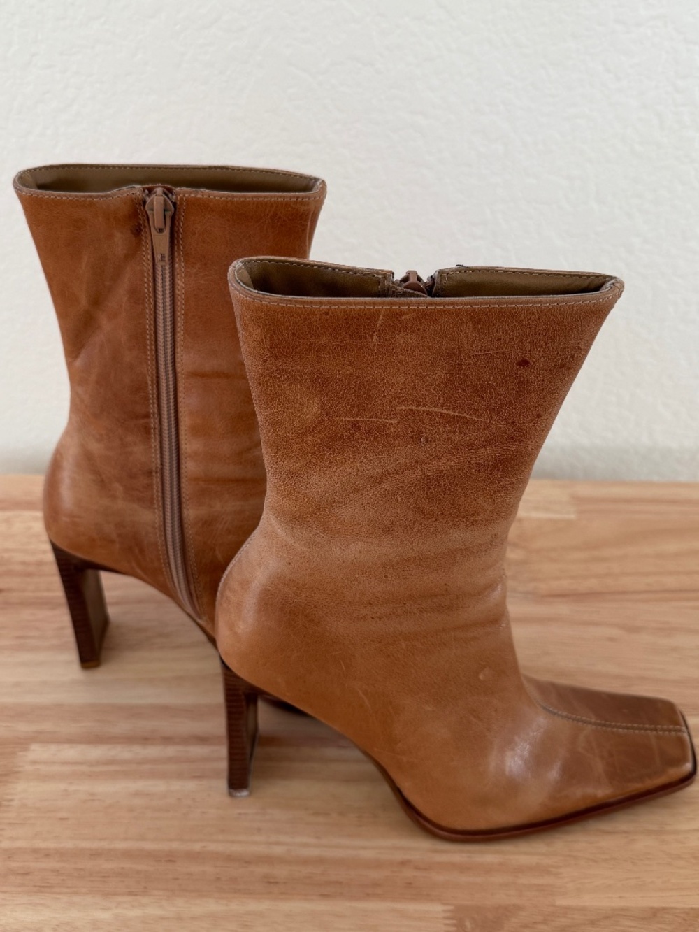 Steve Madden~Jezelle Tan Square-Toe Mid-Calf Leather Heeled Boots~Size 5.5B